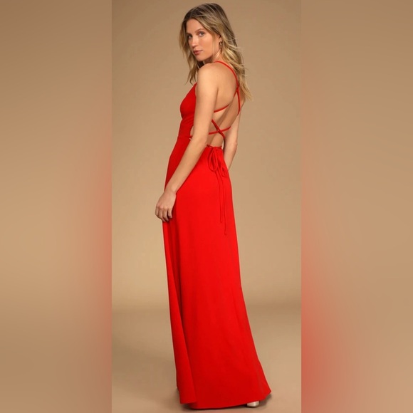 Lulu’s Red Lace Up Back Be My Date Deep V Maxi Dress 10 12 Large - Picture 3 of 9